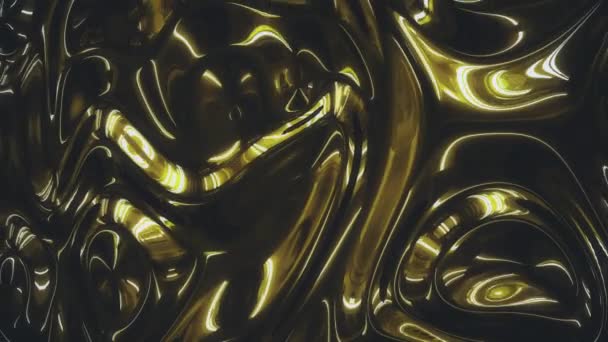 Donker geel goud metallic textuur met bewegende rimpelingen en diepe schaduwen. Trendy reflectie stroom in 3D rendering holografische abstracte achtergrond 4K video. — Stockvideo