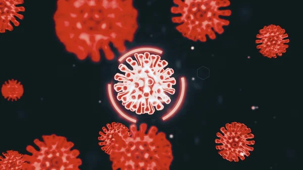 Coronavirus covid-19 hücrelerinin kırmızı renkli animasyonu ve bir elektron mikroskobunda büyütme altında siyah bir zemin üzerinde izole edilmiş. 4K video içinde soyut 3D patojen yorumlama kavramı. — Stok fotoğraf