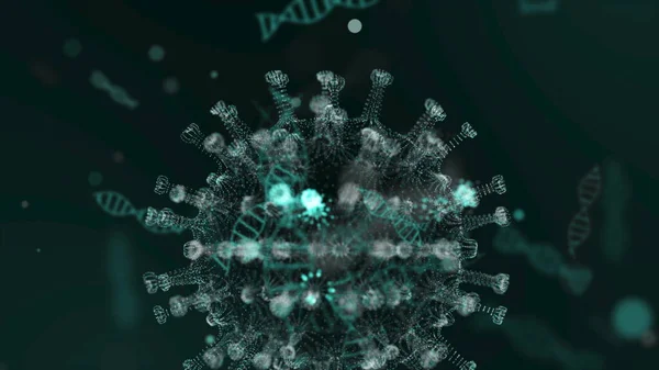 Patógeno do coronavírus 2019-nCov se move dentro do organismo apresentado como células verdes em fundo preto. Casos de estirpe de vírus perigosos como coronavírus, SARS, conceito MERS. 3d renderização close up 4k vídeo. — Fotografia de Stock