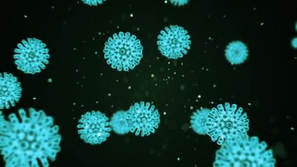 Representasi animasi virtual dari sel-sel covid19 coronavirus bergerak di dalam organisme yang terinfeksi dalam bentuk mikroorganisme terang dengan latar belakang hitam. Konsep abstrak 3d rendering video 4K. — Stok Video