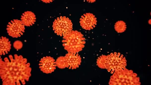 在受感染的生物体内虚拟地动画表现了考拉韦氏共19个细胞。病原体在黑色背景上以橙色微生物的形式移动。4K中的抽象概念3d渲染 — 图库视频影像