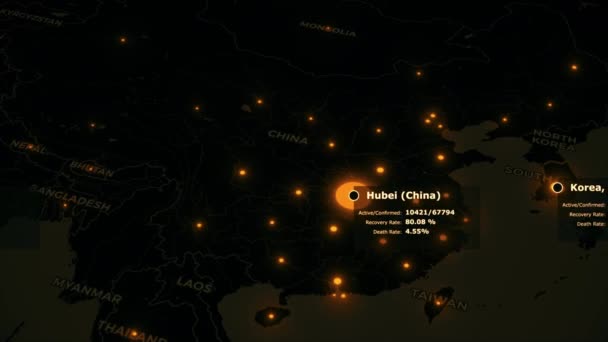 Coronavirus COVID-19 global karta över virusspridning med statistik och pandemisk varning. Infektion och dödlighet på mörka fastlandet med orange prickar av infekterade städer. Bakgrund 3d rendering 4K. — Stockvideo