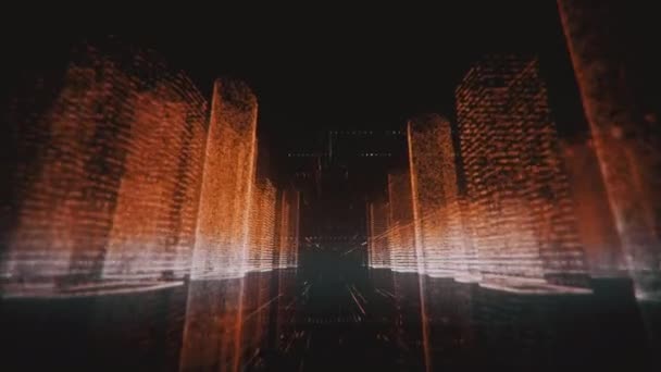 Пролетая через красивую неоновую цифровую модель абстрактного современного города, сделанную из символов оранжевого и белого цветов на черном фоне. Бизнес, связи и концепция цифровых технологий. 3d рендеринг 4k — стоковое видео