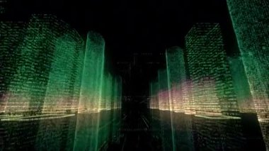 Siyah arkaplanda yeşil, altın ve sarı sembollerden oluşan gökdelenleri olan soyut dijital şehir iş merkezinin parlak neon telgrafı. 3D görüntüleme 4K.