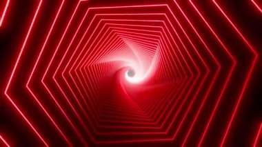 Kırmızı parıltılı altıgen tünel döngüsü. Kusursuz 4K animasyonu. Canlandırılmış döngü kutulu soyut hareket ekran arkaplanı. Siyah arkaplanda parlak renklerle parlayan neon çerçeveler. 3B görüntüleme