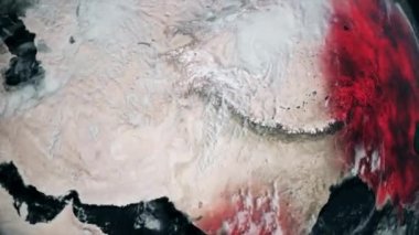 Coronavirus COVID 19 karanlık küresel harita sağlık verileri ve pandemik uyarı pembe tableti. Wu Han virüs enfeksiyonu tüm dünyaya yayılıyor. Salgın konsepti 3d canlandırmalı arkaplan 4K video.
