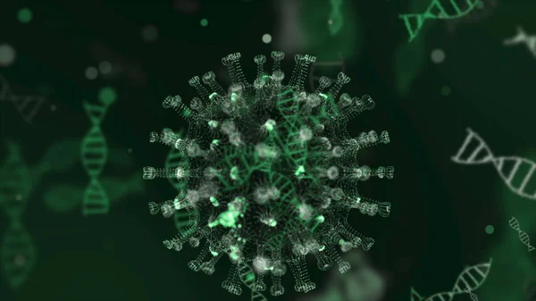 Sel Coronavirus 2019-nCov dalam pembuluh darah organisme disajikan sebagai sel hijau neon pada latar belakang hitam. Konsep dari virus yang berbahaya strain kasus seperti coronavirus, SARS, MERS. 3d rendering video 4K. Stok Gambar Bebas Royalti
