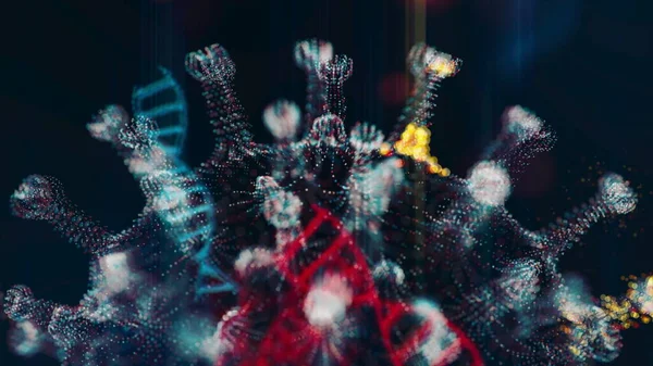 Model 3d teranimasi dari sel patogen coronavirus 2019-nCoV di dalam organisme yang terinfeksi ditunjukkan sebagai mikroorganisme bulat ungu bergerak di latar belakang hitam. Rendering 3d abstrak close up 4K video. Stok Gambar Bebas Royalti