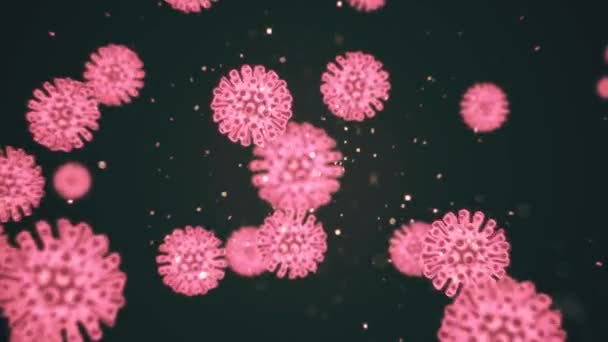 Representación virtual animada de células de coronavirus covid19 dentro del organismo infectado. Los patógenos se mueven en forma de microorganismos rosados sobre fondo negro. Concepto abstracto 3D renderizado en 4K. — Vídeo de stock