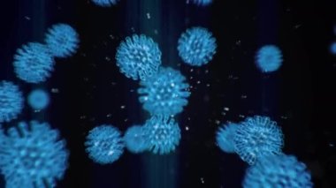 Siyah bir zemin üzerinde hareket eden mavi küresel mikroorganizmalar şeklinde enfekte olmuş organizma içinde Coronavirus covid19 hücrelerinin sanal animasyonlu temsili. Soyut konsept 3D görüntüleme 4K.