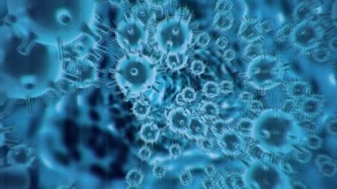 Siyah bir zemin üzerinde hareket eden mavi küresel mikroorganizmalar şeklinde enfekte olmuş organizma içinde Coronavirus covid19 hücrelerinin sanal animasyonlu temsili. Soyut konsept 3D görüntüleme 4K.