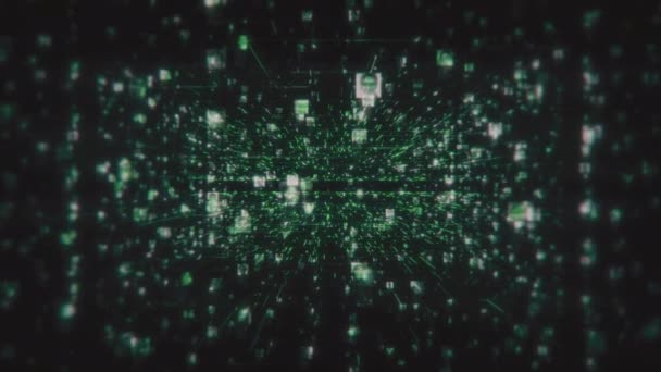 A social network with a flow of unrecognizable people portraits moving along green network grid and data connections in black cyberspace background, 3d rendering 4K footage — Stockvideo