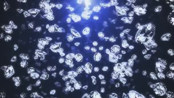 Många diamanter, på nära håll. Diamanter skimrar i olika färger. Kristaller faller på lila bakgrund. 3d-konvertering — Stockvideo