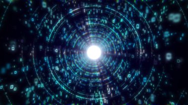 Soyut tünel. Dijital arkaplan, 3D görüntüleme. İkili kod parçacık ağı. Hareket ve iletişim teknolojisi geçmişi. Kusursuz döngü canlandırması.