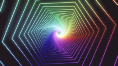 Soyut gökkuşağı tünel döngüsü fütüristik arka plan. Siyah arkaplanda parlayan neon ışık tüplerinden uzaya. Teknoloji, VJ konsepti. Bir üçgenden tünel iç görünümü. Öndeki lamba. 3d döngü canlandırması