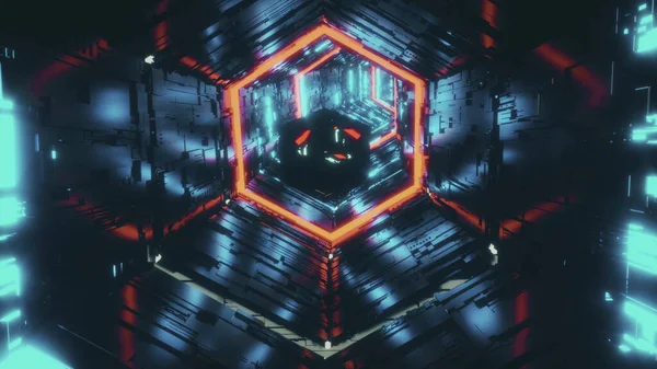 ネオンカラフルな紺碧と赤い光の六角形のトンネルを飛ぶ鏡の多面体の抽象的な背景。4Kビデオでの3Dレンダリングアニメーション. — ストック写真