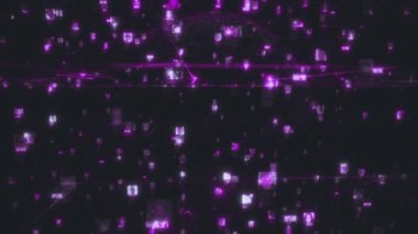 Karanlık siber uzayda var olmayan insanlar, soyut sosyal ağ konseptinde, dünya modelinin arka planında koyu mor ile birbirine bağlı resimler akışı olan veri tabanı olarak tasvir edilir.