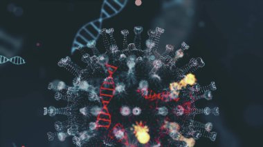 Mikrop kapmış organizmanın içindeki Coronavirus 2019-nCov patojeni siyah zemin üzerinde kahverengi yuvarlak hücreler olarak gösterilmiştir. 2019-nCoV, SARS, H1N1, MERS ve diğer salgın virüsler konsepti. 3D görüntüleme 4K.