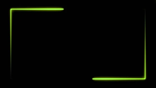Due linee al neon verdi che si muovono e costituiscono una cornice rettangolare sul bordo dello schermo su sfondo nero. Astratto sfondo 3D rendering 4k video. — Foto Stock
