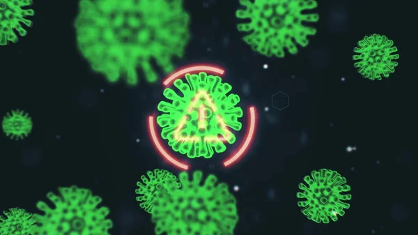 Patogen dari coronavirus 2019-nCov di dalam organisme yang terinfeksi digambarkan sebagai sel bundar coklat pada latar belakang hitam. 2019-nCoV, SARS, H1N1, MERS dan konsep virus epidemi lainnya. 3d rendering video 4K. Stok Lukisan  