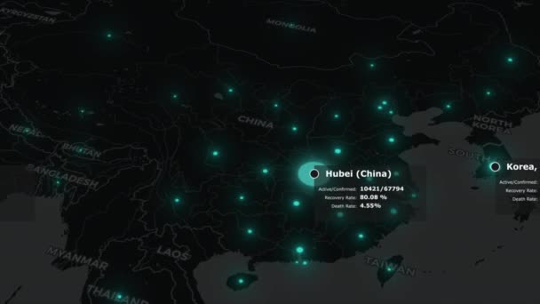 Koronavirus COVID-19 pandemická mapa s daty a varováním zemí v azurové barvě. Čínská virová infekce se šíří z Wuhanu po celém světě. 3D vykreslování pozadí konceptu animace v — Stock video