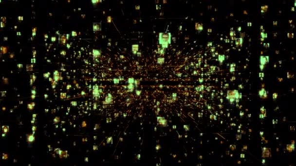 Artificiell intelligens koncept för ett socialt nätverk som en ström av gröna neonfärgade människor porträtt rör sig längs orange nätverk nätet i svart cyberspace bakgrund. Företag, teknik eller sociala frågor — Stockvideo