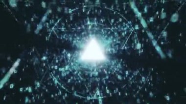 Dijital veri tüneli yolculuğu. Binar ışıklarının döngüsel matris çekirdek tüneli 4K içinde animasyon. Fiber optik kabloyla vurulmuş. Dijital bilginin ikili sinyal olarak iletimi