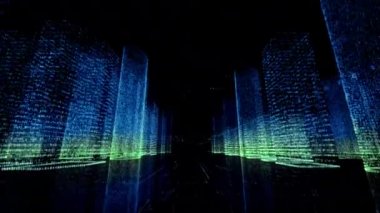 Dijital şehrin parlak mavi ve yeşil renkli modelinde siyah arkaplanda rastgele semboller vardı. İş, iletişim ya da dijital teknoloji kavramı. 3d görüntüleme 4k