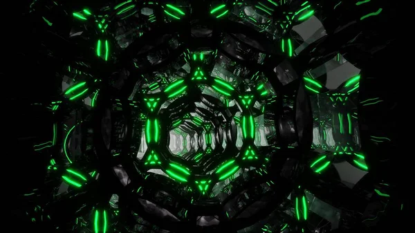 Fondo de movimiento abstracto digital futurista Vuelo a través de un túnel abstracto sin fin de anillos negro-verdes. —  Fotos de Stock