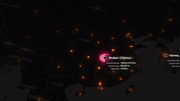 Dunkle Weltkarte des Coronavirus COVID 19 mit Gesundheitsdaten und Pandemiewarnung in orange. Das chinesische Wuhan-Virus breitet sich auf der ganzen Welt aus. 3D-Darstellung animierter Hintergrund 4K-Video. — Stockvideo