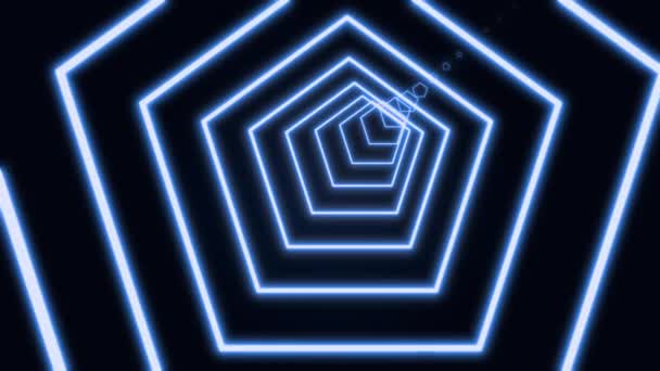 Computer generated abstract neon pentagon tunnel consisting of moving lines in white color on black background, 3D rendering 4k video. — Stock Video