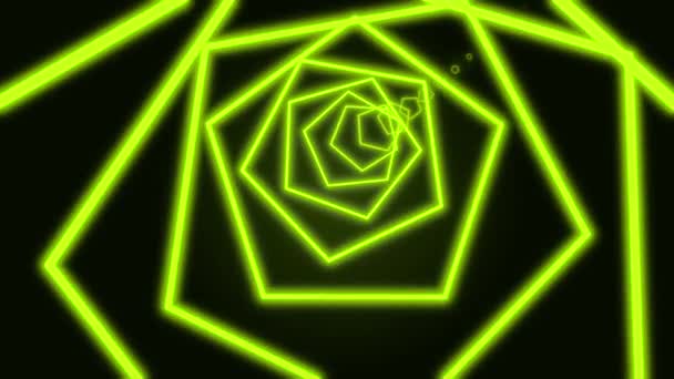 Сгенерированный компьютером геометрический тоннель неоновых пятиугольников на черном фоне, состоящий из движущихся ярких лазурных узких пересеченных линий. Искусство, коммерческая и деловая концепция движения назад. 3D рендеринг — стоковое видео