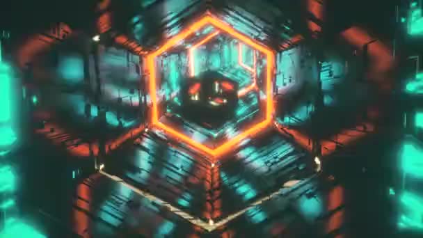 Video de fundal de mișcare a unei bijuterii speculare care zboară în tunelul hexagonal luminos al luminilor de neon verde și portocaliu. 3d redare animație în 4K . — Videoclip de stoc