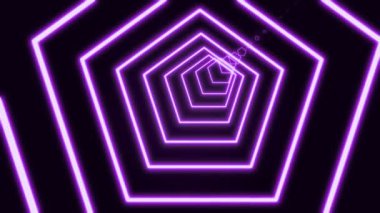 Siyah arkaplanda parlak yeşil renkli neon beşgen tüneli, 3D görüntüleme 4K video
