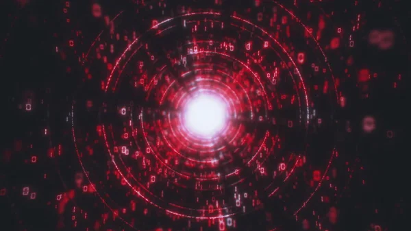 Túnel rojo de la tecnología de Big Data, líneas digitales, flujo de información, matriz futurista. Red de partículas con código binario. Antecedentes de movimiento tecnológico y relacionado. Representación 3D de bucle sin costura —  Fotos de Stock