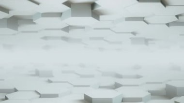 Soyut beyaz Hexagon duvarlı Geometrik Yüzey Döngüsü temiz minimal altıgen ızgara deseni, saf duvar mimarisi beyazında rastgele sallanan hareket arkaplan kanvası. 3d render 4K UHD FullHD.