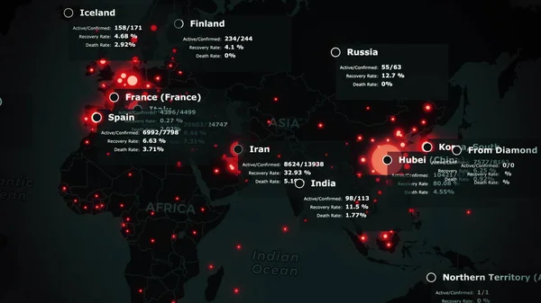 A koronavírus globális térképe COVID-19 világjárvány. A vírus Kínában terjed az egész világon. Sötét szárazföld vörös fertőzött városokkal és statisztikai adatokkal. Járványügyi koncepció 3d renderelés háttér 4K. — Stock Fotó