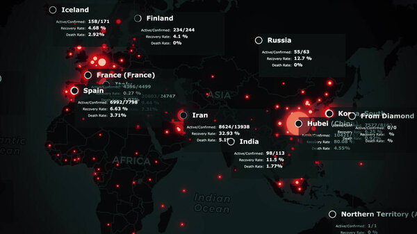Global map of coronavirus COVID-19 pandemic. Virus is spreading from china over the world. Dark mainlands with red infected cities and statistics data. Epidemic concept 3d rendering background in 4K.