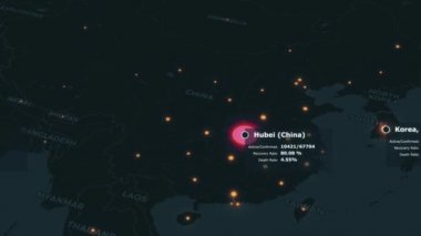 Canlandırılmış küresel harita, Çin 'in Hubei bölgesinden tüm dünyaya yayılan covid-19 Coronavirus vakalarını gösteriyor. İkonografi ve istatistiklere sahip 3d arkaplan 4K görüntüsü.