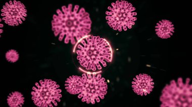 Koronavirüs Covid-19 hücrelerinin pembe renkli animasyonu ve elektron mikroskobunda büyütme altında koyu bir arkaplanda izole edilmesi. Soyut konsept 3D görüntüleme 4K.