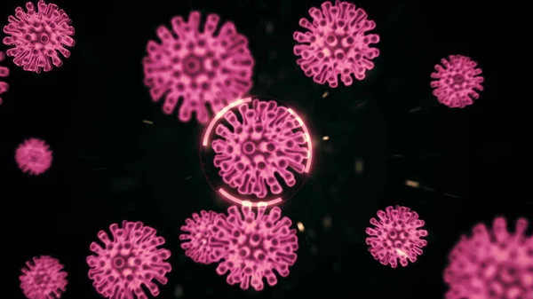 Animation von Coronavirus Covid-19 Zellen in rosa Farbe und isoliert auf dunklem Hintergrund unter Vergrößerung im Elektronenmikroskop. Abstraktes Konzept 3D-Rendering 4K-Video. — Stockfoto