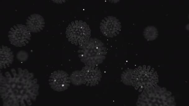 Virus flu babi agen h1n1 di dalam organisme yang terinfeksi. Virus di bawah mikroskop elektron ditunjukkan sebagai sel abu-abu gelap di latar ruang hitam. Konsep abstrak penyakit virus. 3d rendering animasi 4K video — Stok Video