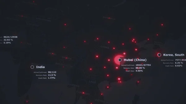 Coronavirus COVID 19 világtérkép egészségügyi statisztikákkal és vörös színű világméretű figyelmeztetéssel. Wuhan vírus fertőzés terjed az egész világon. Járványügyi koncepció 3d renderelés animált háttér 4K videó. — Stock Fotó