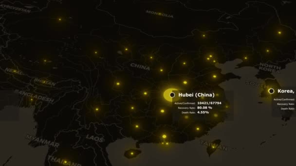 Coronavírus escuro COVID-19 mapa do mundo com dados e alerta pandêmico na cor amarela. China wuhan infecção pelo vírus está se espalhando por todo o mundo. 3D renderização fundo animado em 4K. — Vídeo de Stock