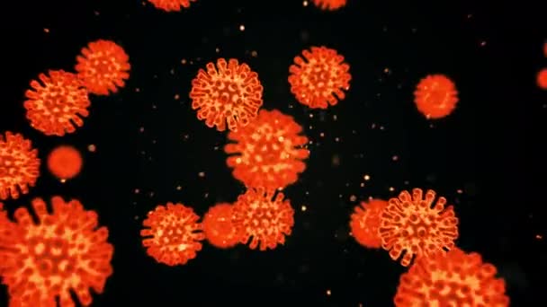 CGI imagery of the COVID-19 coronavirus also known as 2019-nCov and first reported in Wuhan, China. Orange color virus cells are floating in black space background. Abstract 3d rendering in 4K. — Stock Video