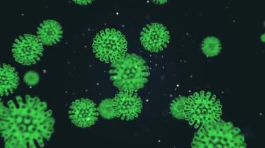 Mikrop kapmış organizmanın içindeki Coronavirus 2019-nCov patojeni siyah zemin üzerinde kahverengi yuvarlak hücreler olarak gösterilmiştir. 2019-nCoV, SARS, H1N1, MERS ve diğer salgın virüsler konsepti. 3D görüntüleme 4K.