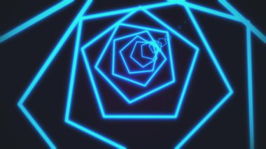 Siyah arkaplandaki renkli mor neon çizgiler hareket eden beşgen tüneli oluşturuyor. Soyut arkaplan 3D görüntüleme 4k.