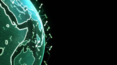 4K 'da siyah arkaplan üzerine konsept canlandırma konsepti için küresel telekomünikasyon uyduları sistemi tarafından kablosuz internet veri kablosuz bağlantısıName