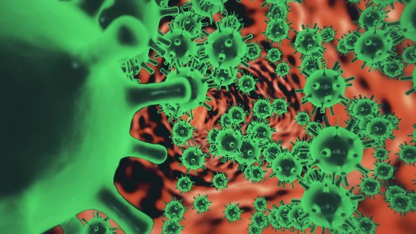 Patogen koronawirusa 2019-nCov wewnątrz zakażonego organizmu zilustrowany jako brązowe okrągłe komórki na czarnym tle. 2019-nCoV, SARS, H1N1, MERS i inne koncepcje wirusów epidemii. 3d renderowanie wideo 4K. — Zdjęcie stockowe