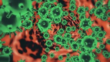 Mikrop kapmış organizmanın içindeki Coronavirus 2019-nCov patojeni siyah zemin üzerinde kahverengi yuvarlak hücreler olarak gösterilmiştir. 2019-nCoV, SARS, H1N1, MERS ve diğer salgın virüsler konsepti. 3D görüntüleme 4K.